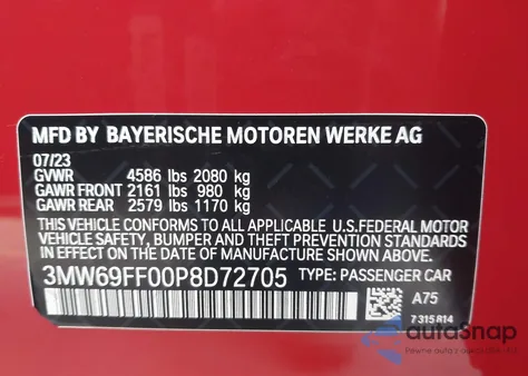 2023 BMW 330I from USA, damaged, VIN 3MW69FF00P8D72705